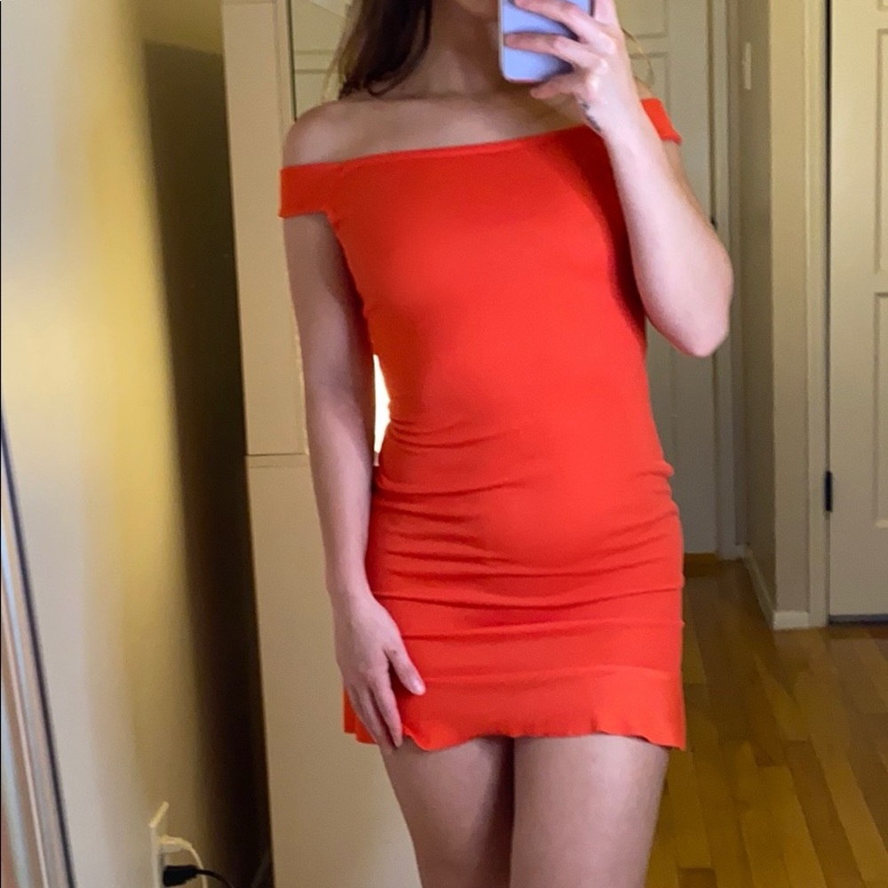 Boohoo off the should pink dress